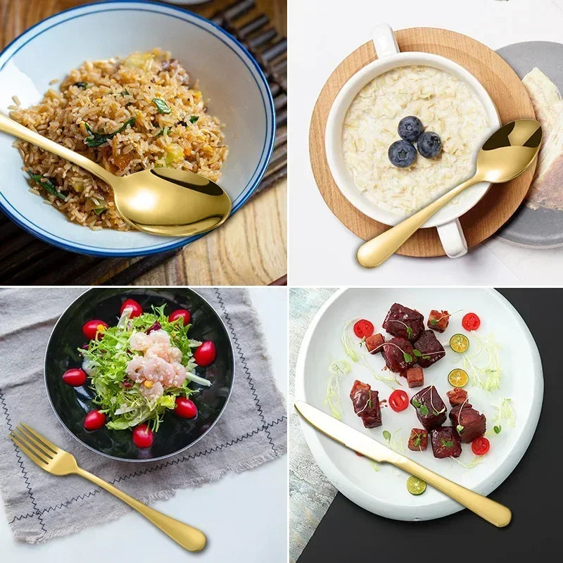 24pcs Golden Tableware Set Light Luxury Stainless Steel Cutlery Fork Knife Spoon Dinnerware Set Minimalist Decor with Gift Box