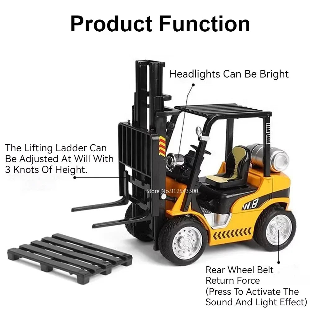 1:24 Crane Forklift Model Car Toy Diecast Metal Warehouse Lift Truck Sound Light Pull Back Adjustable Engineering Vehicle Models
