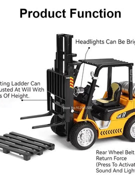 1:24 Crane Forklift Model Car Toy Diecast Metal Warehouse Lift Truck Sound Light Pull Back Adjustable Engineering Vehicle Models