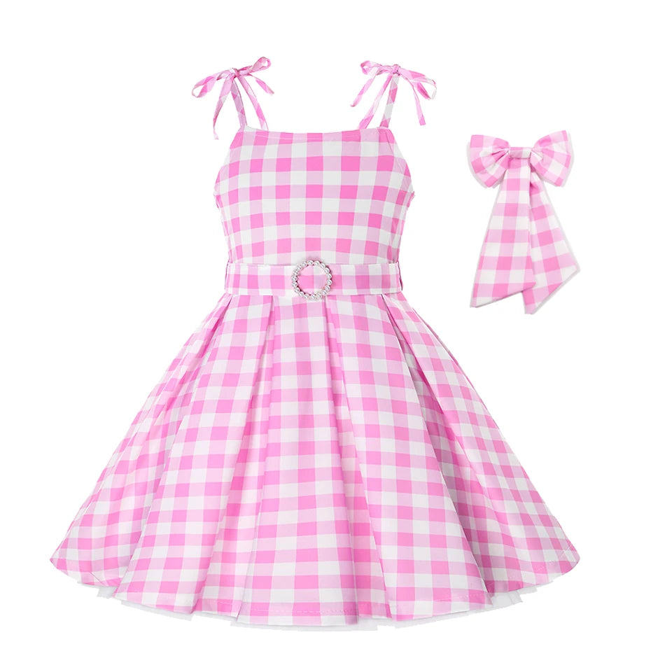 Girls Movie Princess Dress Cosplay Costume Pink Plaid Beach Barbi Outfit Birthday Halloween Party Kids Dress