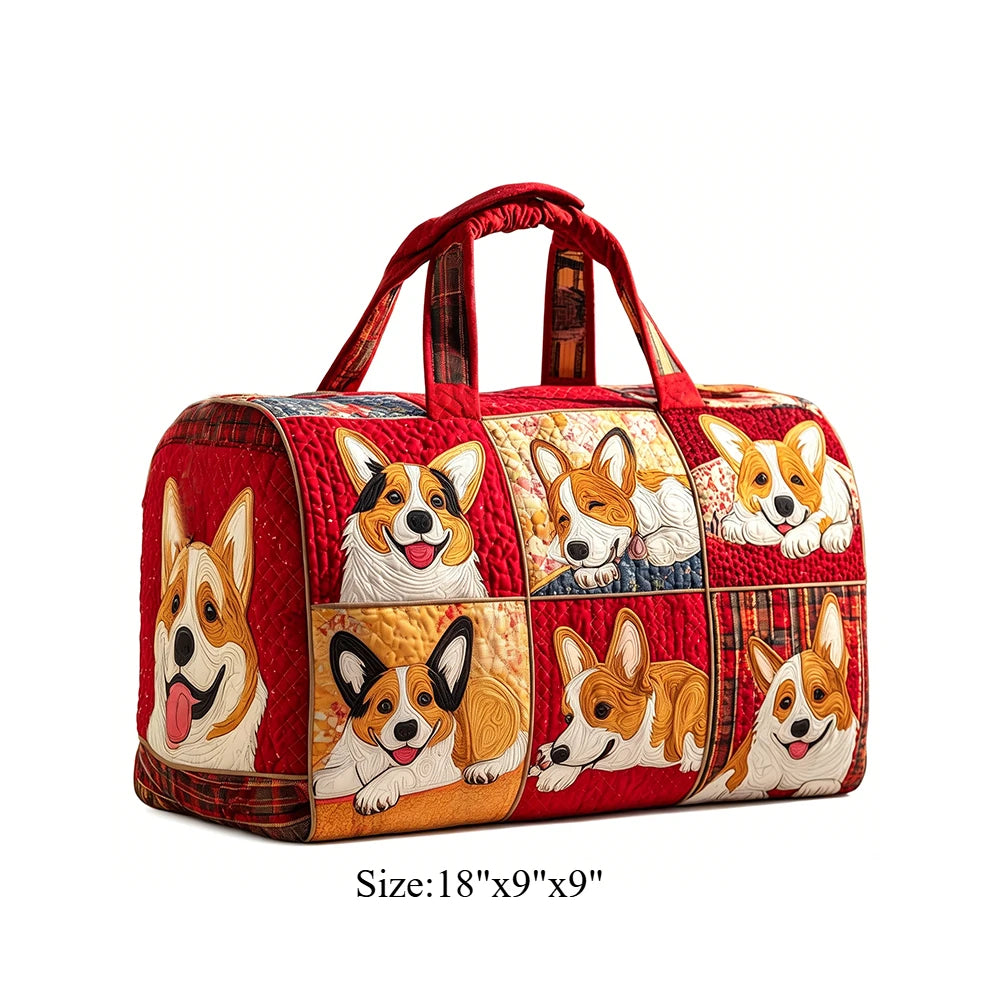 Cute Corgi Dog Print Quilted Duffel Bag Women 3D Puppy Print Travel Weekender Casual Gym Sports Overnight Carry On Bags