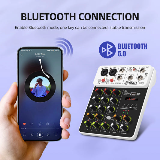 V4 4 Channel Audio Interface Mixer With Bluetooth USB Recording And 48V Phantom Power