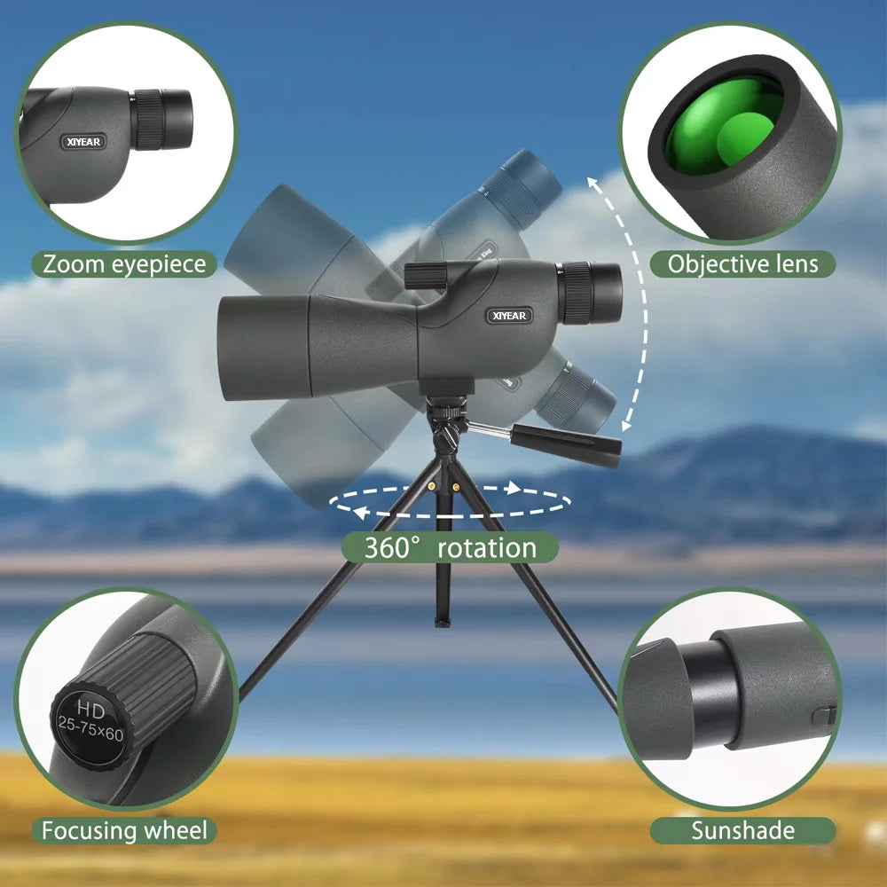 25-75x60 Telescope Spotting Scope Powerful Zoom Monocular FMC BAK4 Waterproof For Bird Watching Target Shotting With Tripod