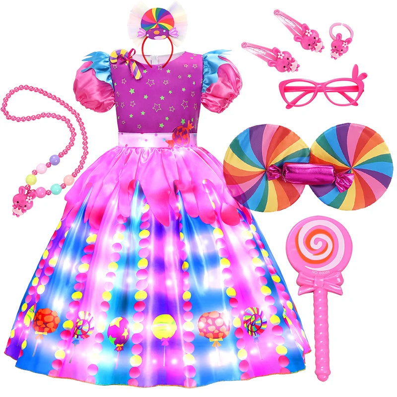 LED Light Up Princess Candy Dress For Girl Lollipop Party Clothing Kids Cosplay Costume New Years Dress 2-10Y