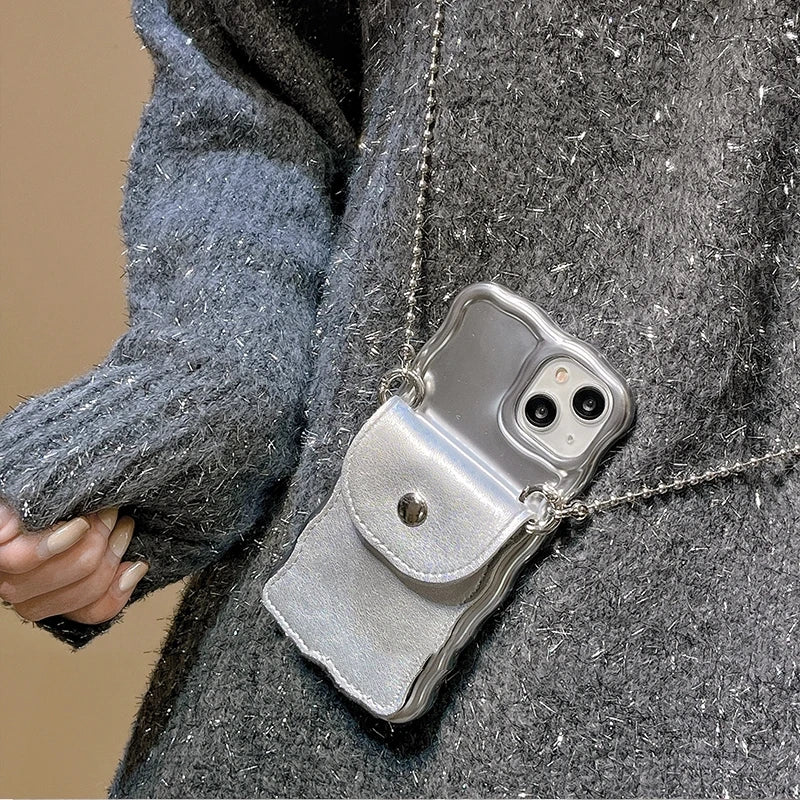 Luxury Glossy Pearl Lanyard Mini Bag For iPhone 14 13 Pro Max TPU Korea Lady Lens Protection Anti-Drop Soft Cover