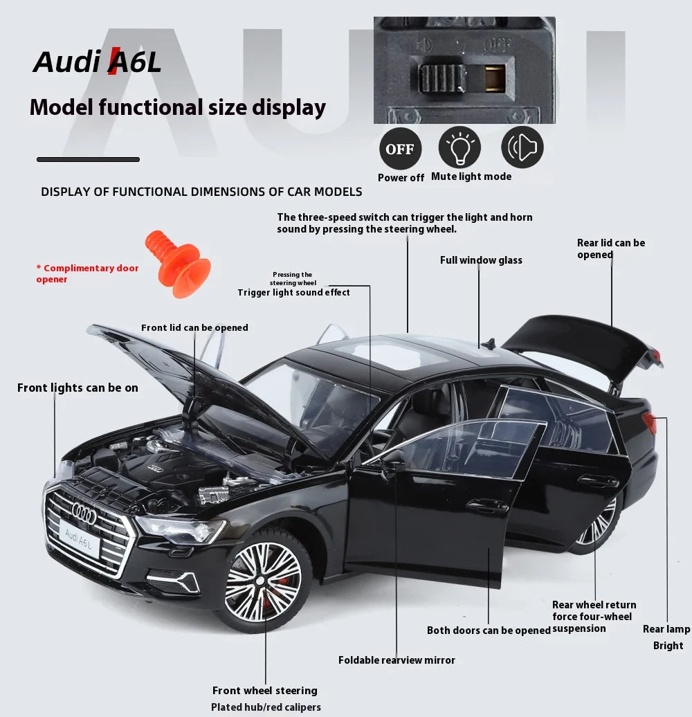1:24 Audi A6 Alloy Diecast Vehicles Model Car Miniature Metal Sound Light Ornaments Gifts Collections Hobby Decoration Christmas