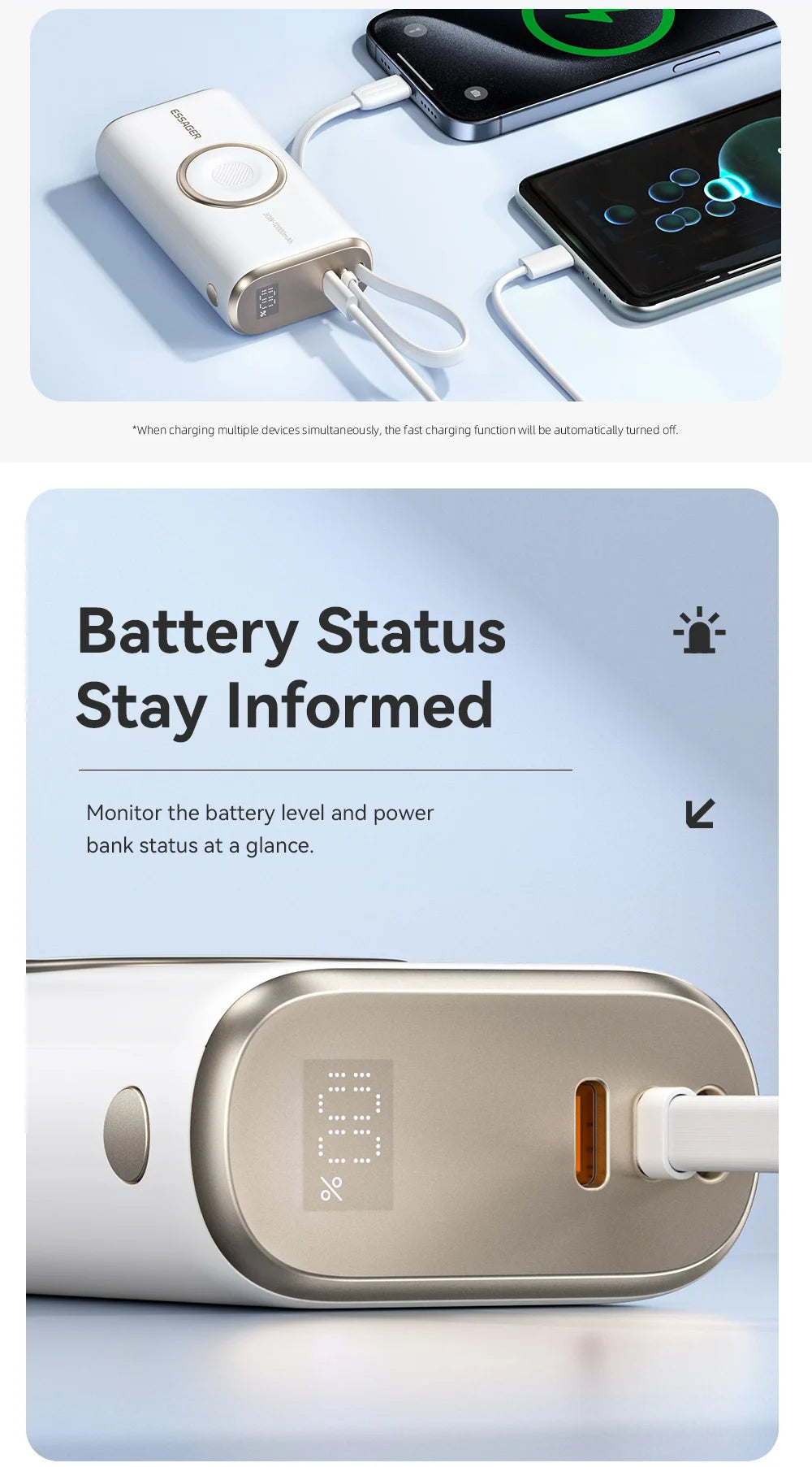 10000mAh Power Bank 30W PD Fast Charging Wireless Magnetic Charger with Built-in Cable & Digital Display