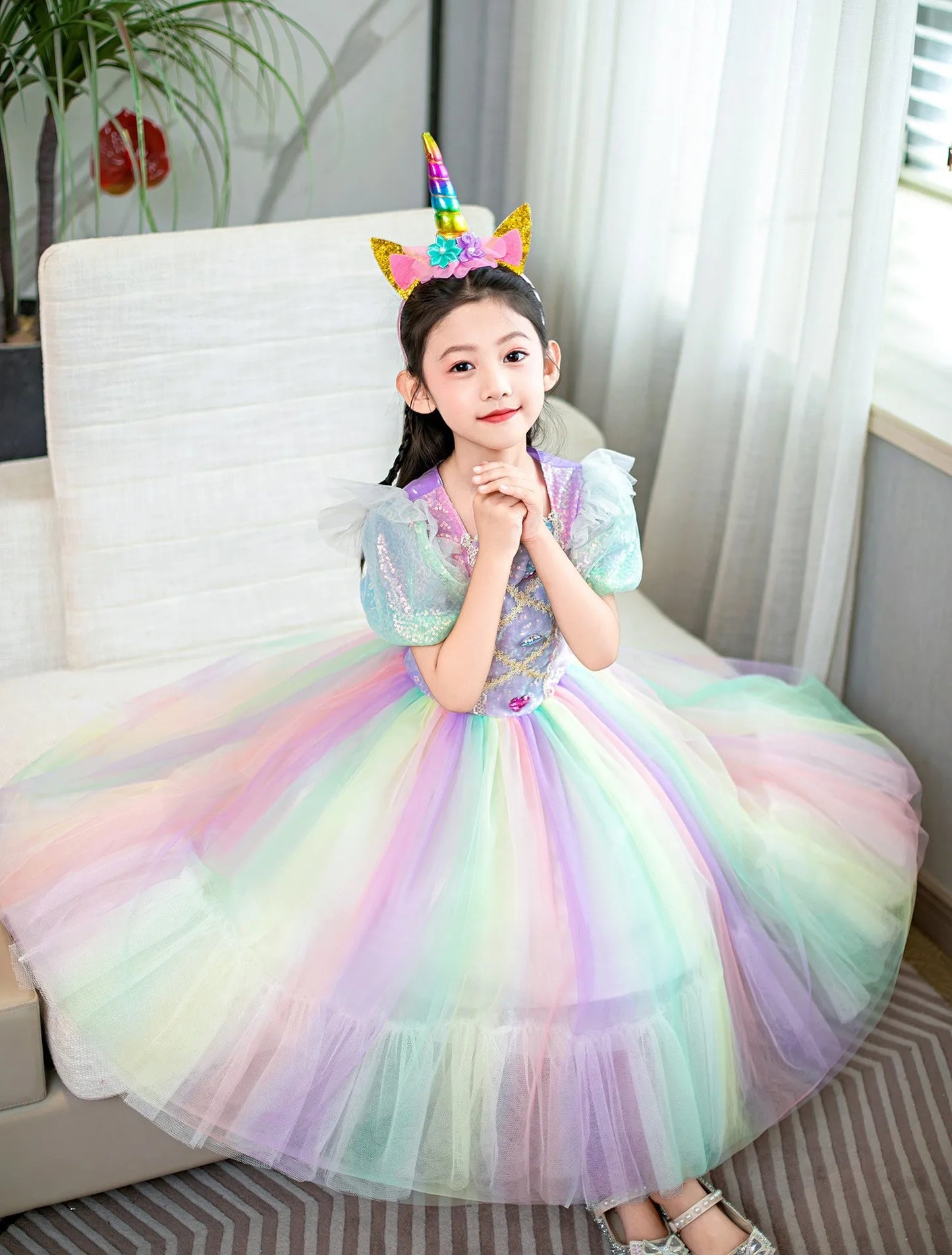 Rainbow Gradient Princess Ball Gown with Puff Bubble Sleeves