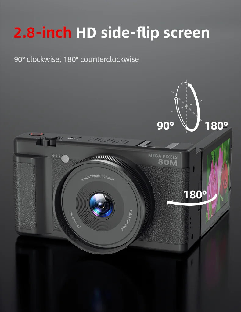 5K 80MP Digital Camera with 6-Axis Stabilization, 270° Flip Screen & 18X Zoom for Vlogging Photography