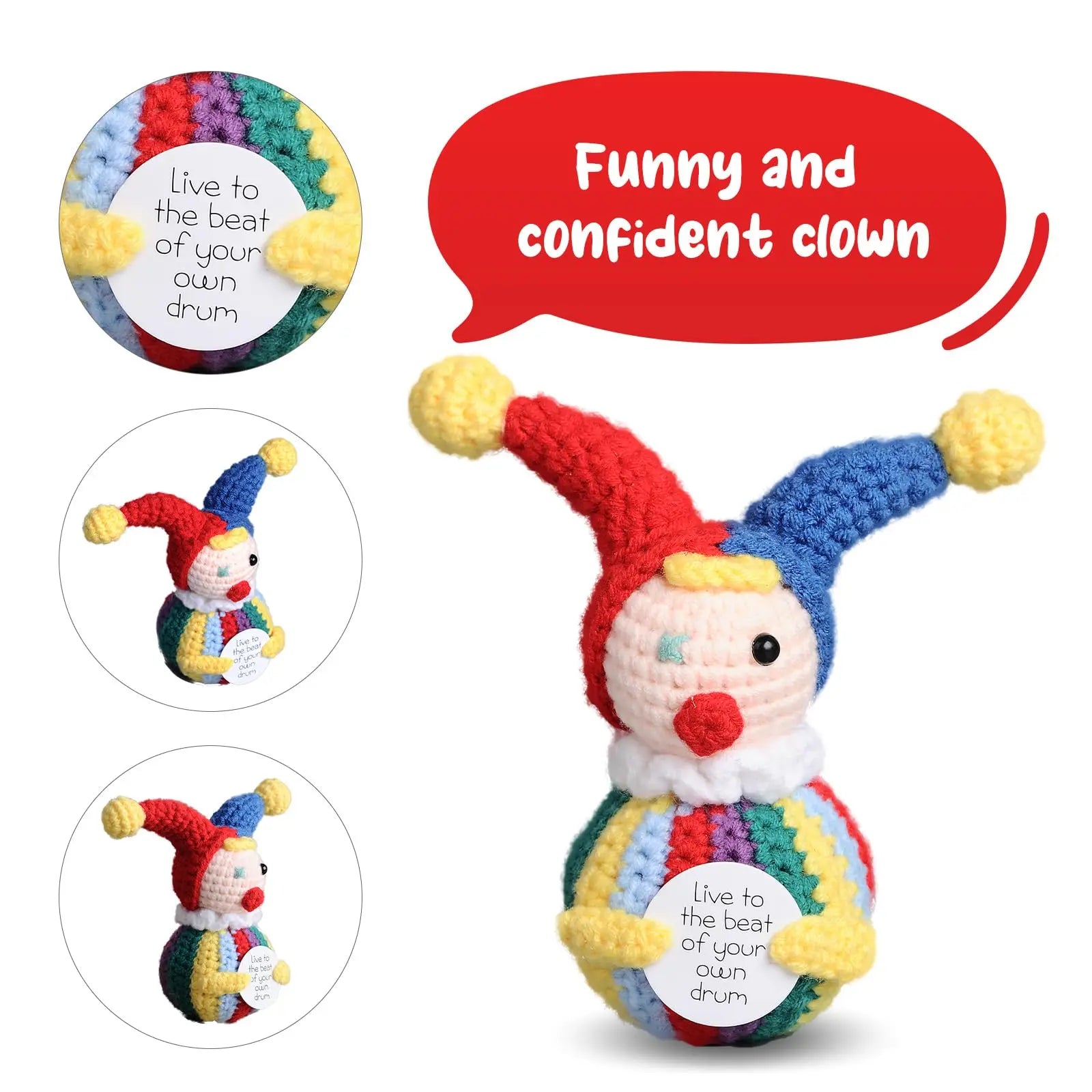 2 Pcs Funny Positive Crochet Clown Doll With Card Emotional Support Handmade Knitted Mini Clown Gifts Halloween Christmas Home Decor