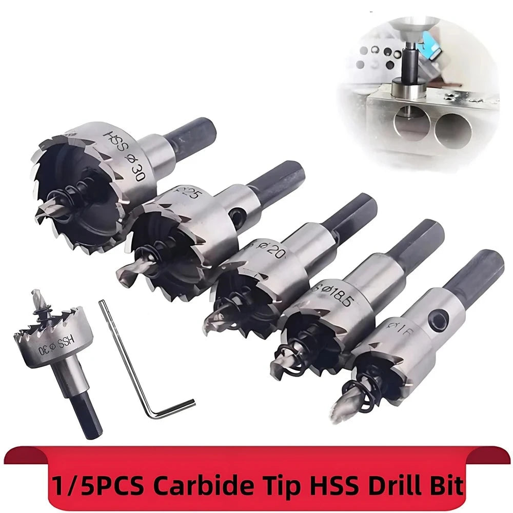 5PCS Carbide Tip HSS Drill Bit Hole Saw Set for Stainless Steel Cutting Metal Alloy 16/18.5/20/25/30mm Woodworking Tools