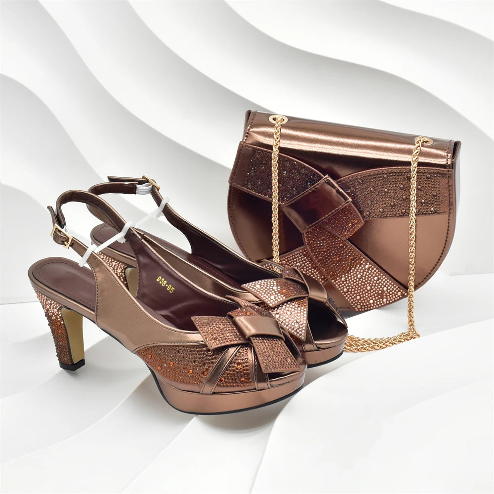 New Design African Shoe and Bags Set for Wedding Luxury Designer High Heels Full Rhinestone Pumps Women Shoes and Bag Set Italy