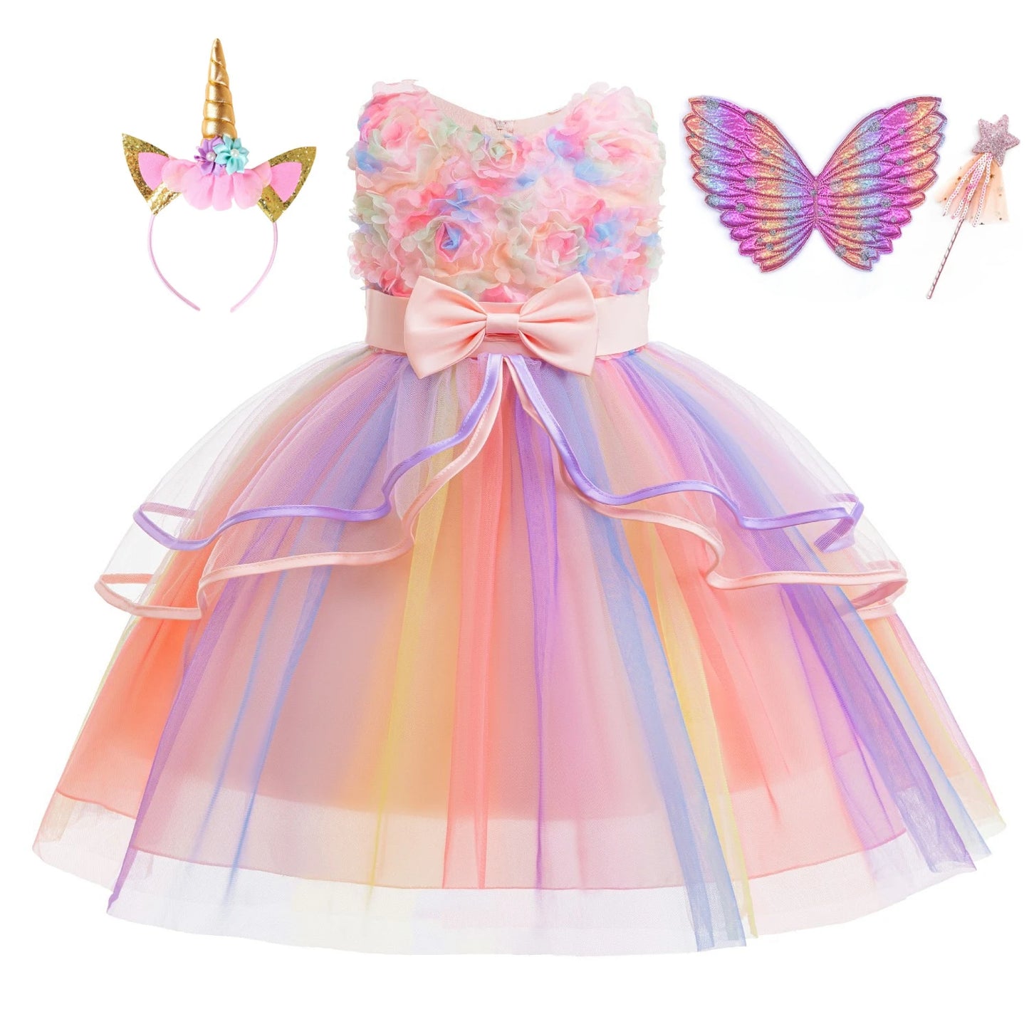 Rainbow Unicorn Princess Dress with Bow and Tulle Skirt Birthday Party Costume