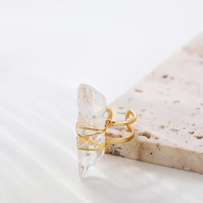 Pink Clear Crystal Irregular Polygon Rings for Women Men Gold Color Wire Wrapped Natural Stone Open Rings