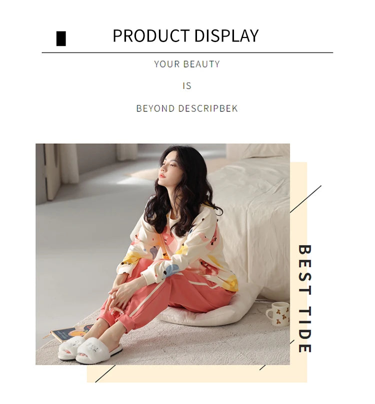 Women’s Cute Lazy Style Cotton Pajama Set – Soft, Loose Long Sleeves & Pants