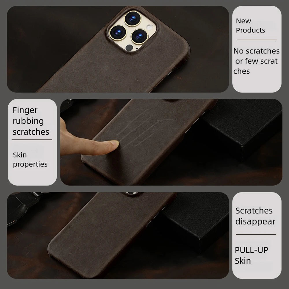 Retro Cowhide Phone Case for iPhone 16 15 14 Pro Max 16Pro 14Pro 15Pro Luxury Crazy Horse Genuine PULL-UP Leather Back Cover