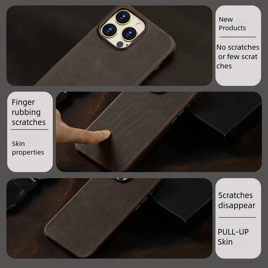 Retro Cowhide Phone Case for iPhone 16 15 14 Pro Max 16Pro 14Pro 15Pro Luxury Crazy Horse Genuine PULL-UP Leather Back Cover