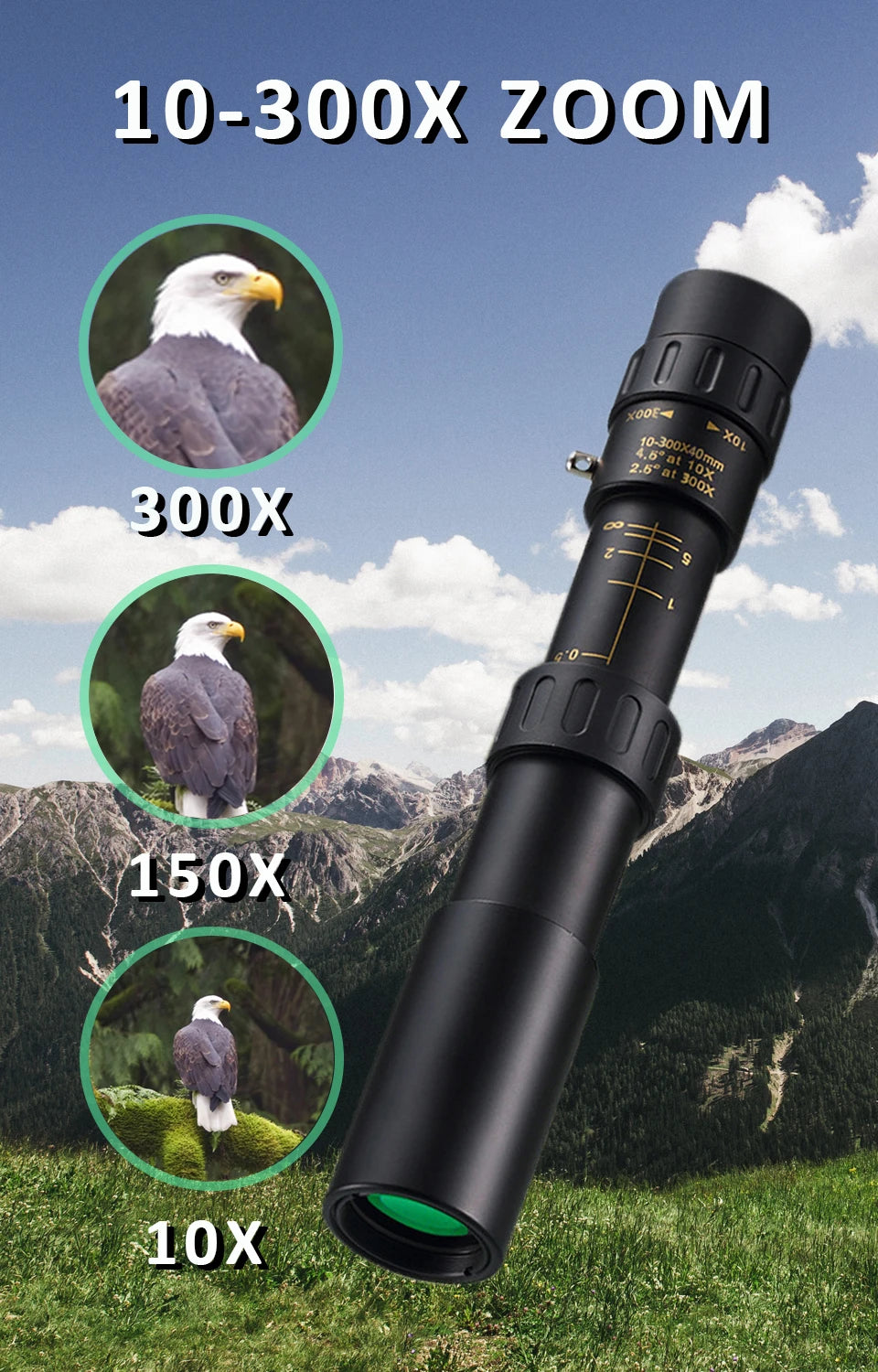 10-300x40 Zoom Telescope HD 4K Portable Strong Binoculars Long Range Professional Monocular BAK4-Prisms For Hunting Camping