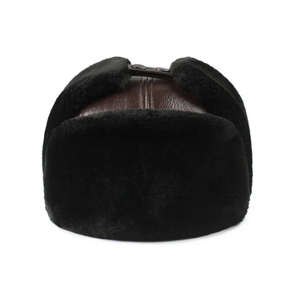 Outdoor Winter Warm Ear Protection Bomber Hat Man Genuine Leather Faux Fur Military Cap Inside Black Brown 55-60cm  Gorras