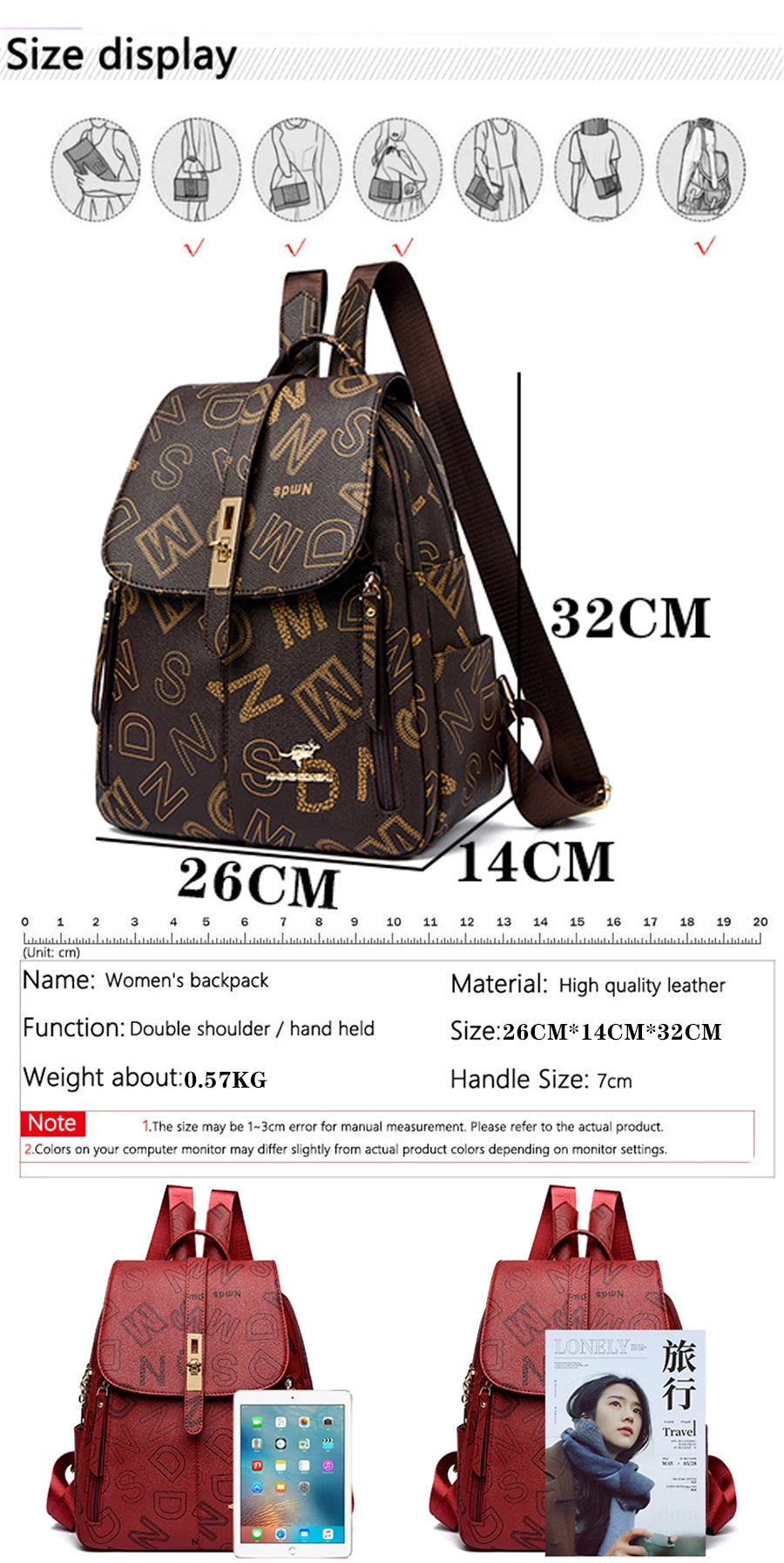 Women's Designer Letter Printing Leather Backpacks Large Capacity Travel Shoulder Bags Totes School Bag