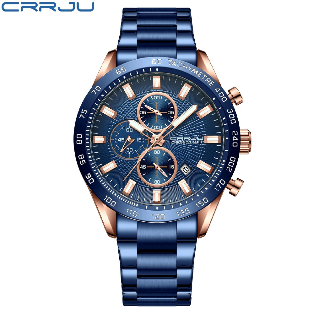 Men Watch Fashion Sports Chronograph Wristwatches Stainless Steel Strap with Auto Date