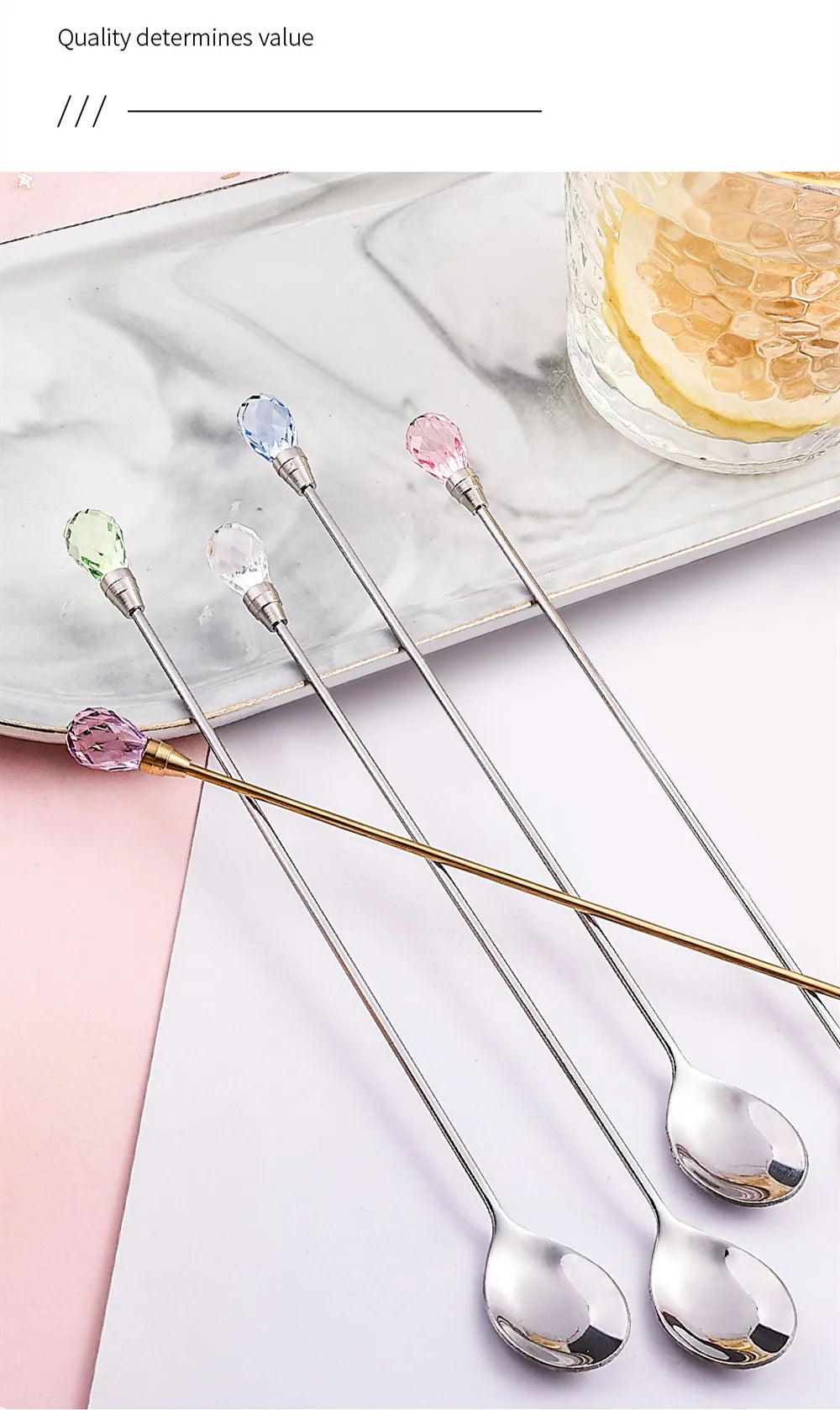 4pcs Diamond Coffee Spoon Stainless Steel Long Stirring Spoon Exquisite Crystal Teaspoon for Cafe Ice Cream Dessert Cocktail Mug