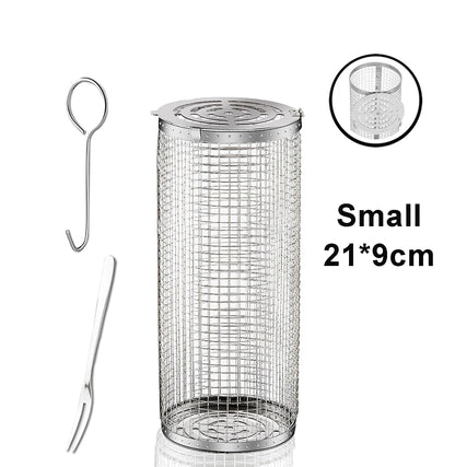 BBQ Basket Stainless Steel Rolling Grilling Basket Wire Mesh Cylinder Grill Basket Portable Round Outdoor Camping Barbecue Rack