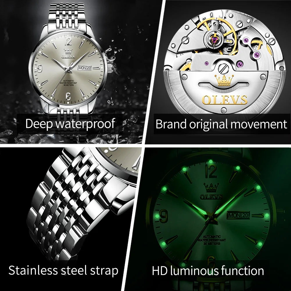 Digital Dial Automatic Mechanical Classics Calendar Week Stainless steel Waterproof Luminous Men Wristwatch