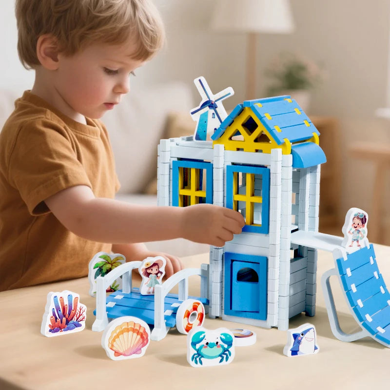 Wooden Beach Villa Building Blocks Construction Toy Set