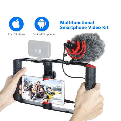 Multifunctional Smartphone Video Rig Kit with Tripod+Holder Smartphone Cage + Shotgun Mini Microphone for Vlogging