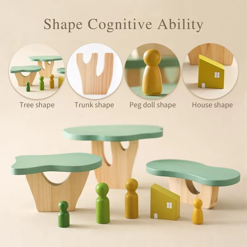 Montessori Wooden Tree Block Toys for Children Ornament Decoration Baby Stacking 3D Toy Wooden Blocks  Stacker Balancing Games