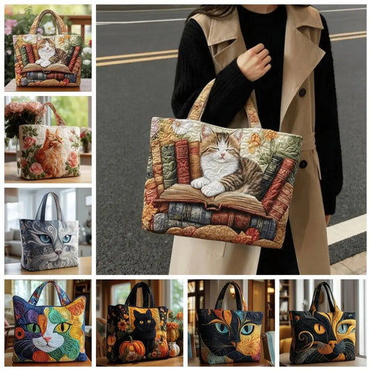Cat Print Quilted Cotton Tote Bag Large Capacity Shopping Shoulder Handbag