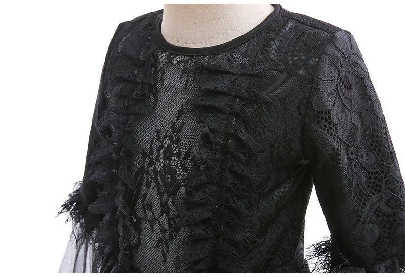 Halloween Witch Dress For Girls Black Evil Queen Cosplay Costume Luxury Lace Ruffles Floor Length Outfits Kids Carnival Frocks