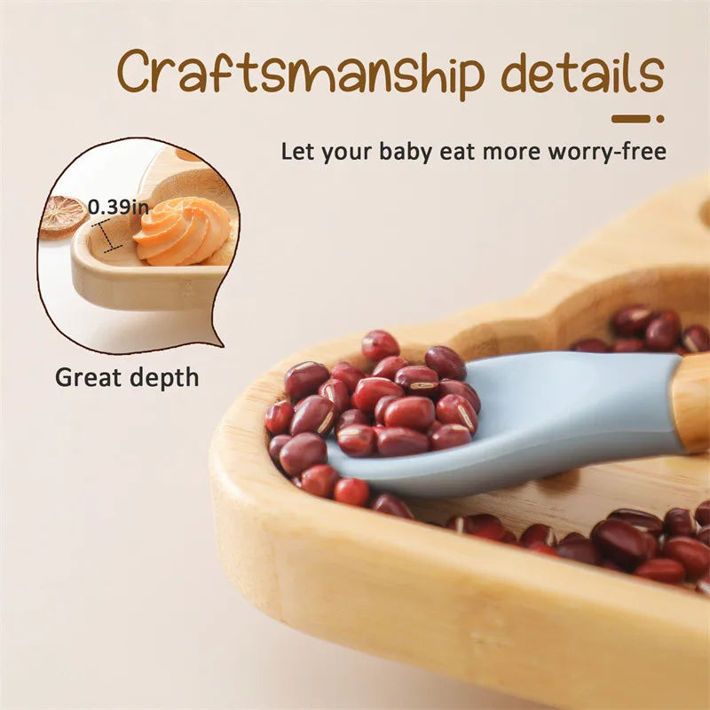 Baby Wooden Tableware Set Sun Bamboo Wooden Plate Bowl Silicone Suction Wooden Handle Fork Spoon for Newborn Feeding Supplies