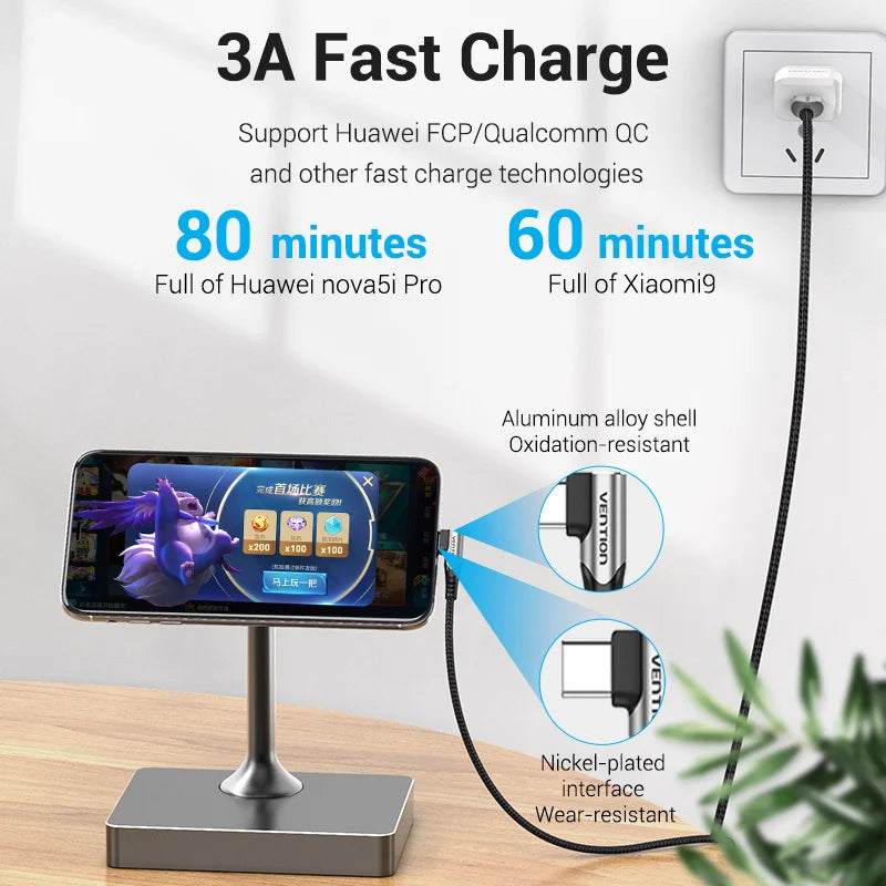 USB C Cable 90 Degree Fast Charger USB A to Type C Cable for Huawei Honor Xiaomi Redmi Samsung Mobile Phone USB-C Cord