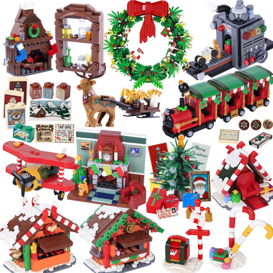 Christmas Village House Building Blocks Sleigh Reindeer Tree Present Car Wreath Fireplace Gingerbread Man Bricks Toys Gift