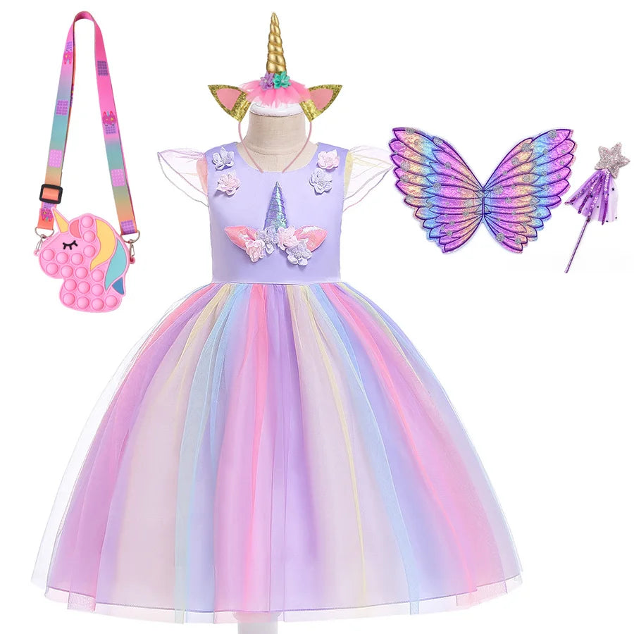 Rainbow Unicorn Princess Dress with Bow and Tulle Skirt Birthday Party Costume