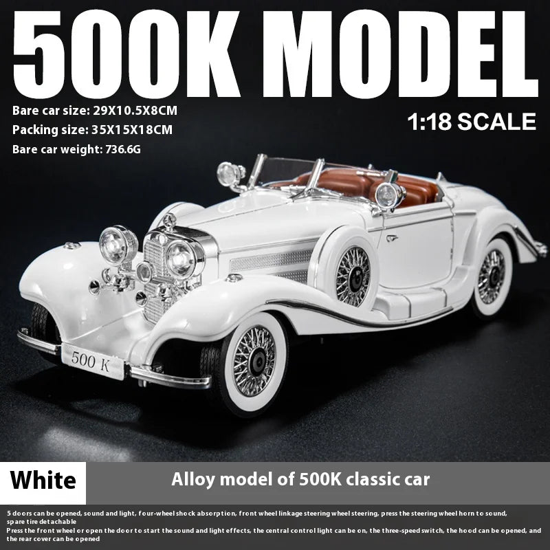 Diecast 1/18 1936 500K Classic Car Alloy Metal Model Sound And Light Toy Collect Display Ornament