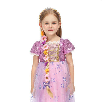 Princess Girls Flowers Headband Flower Fary Dress Up Weaving Long Braid Wig Headband Kids Halloween Rapunzel Cosplay Head Wear