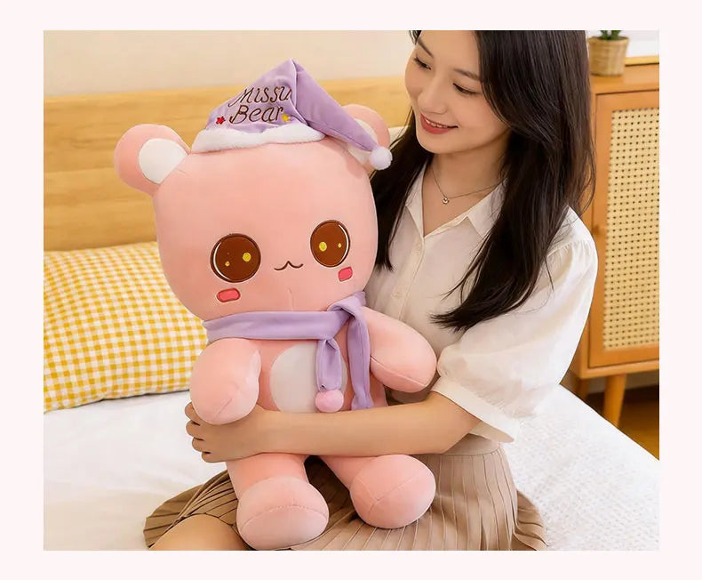 Cute Bear Plush Toy With Sleep Hat And Scarf Soft Pillow