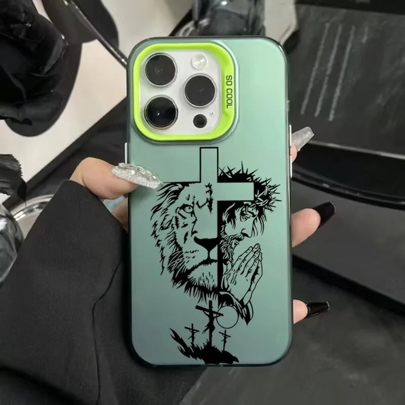 Cross Pattern Bicolor Lion Phone Case For iPhone 14 15 16 Pro Max Shockproof Anti Fall Back Cover