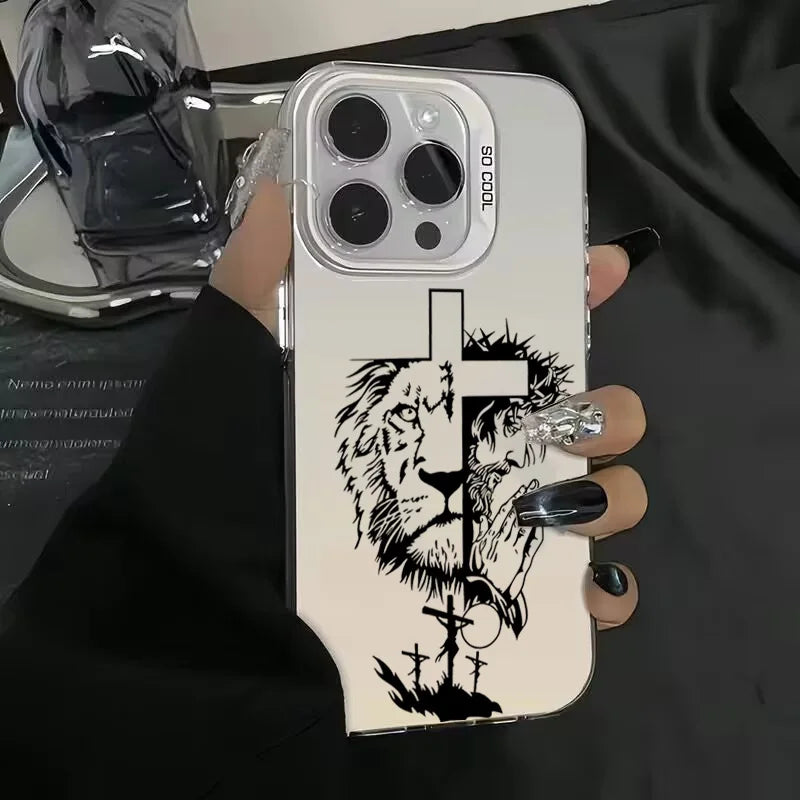 Cross Pattern Bicolor Lion Phone Case For iPhone 14 15 16 Pro Max Shockproof Anti Fall Back Cover