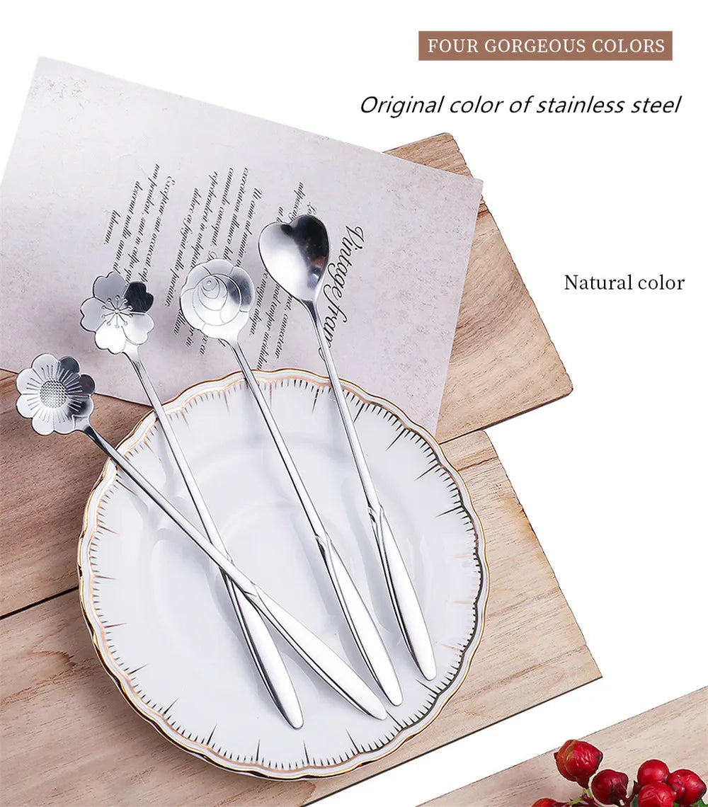 4pcs Long Flower Spoon Stainless Steel Dessert Spoons Gold Long Handle Teaspoon Mixing Scoop for Coffee Cake Kitchen Accessories