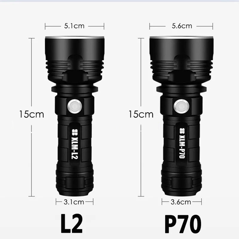 P70 LED Flashlight High Power USB Rechargeable Torch 26650 Battery Waterproof Outdoor Camping Light
