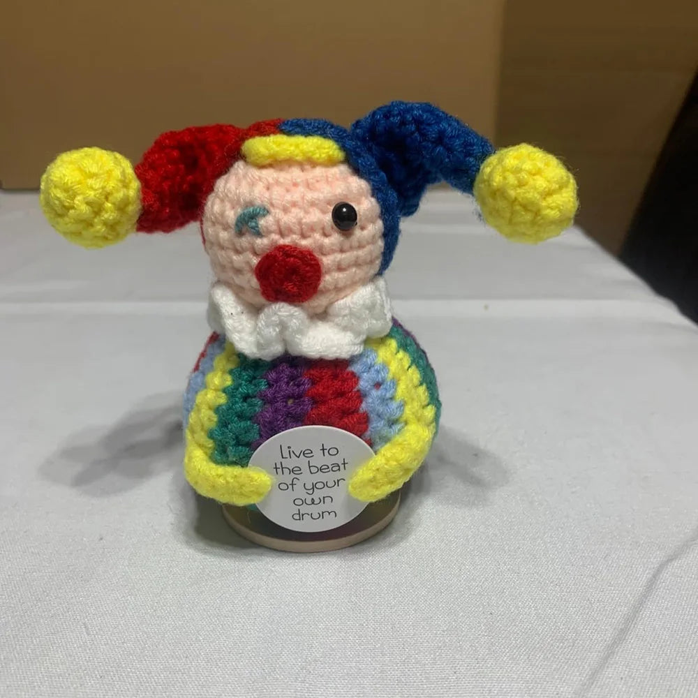 2 Pcs Funny Positive Crochet Clown Doll With Card Emotional Support Handmade Knitted Mini Clown Gifts Halloween Christmas Home Decor