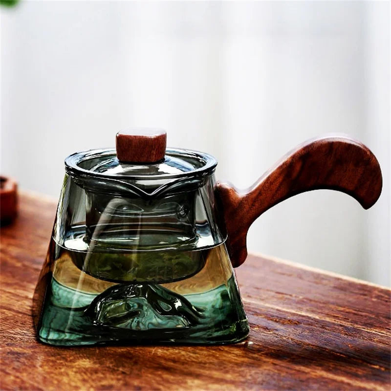 450ml Square Bottom Mountain Glass Teapot With Infuser Side Wooden Handle Tea Pot Puer Oolong Tea Maker Kungfu Tea Set