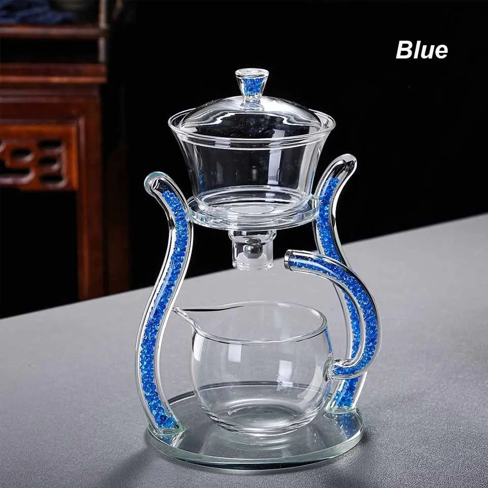 Glass Automatic Lazy Tea Set  Crystal Glass Teapot Set Heater Magnetic Rotating Cover Kung Fu Heat-Resistant Teapot 6 Cups