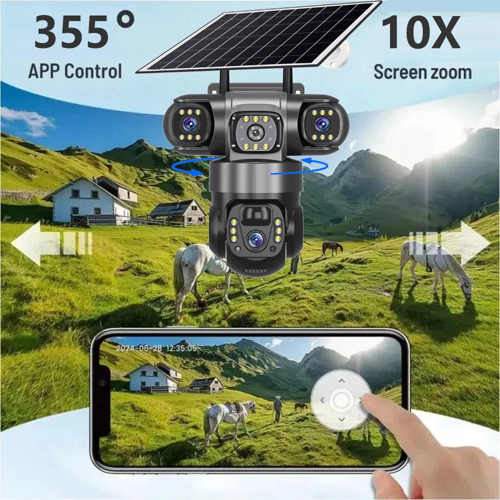 12MP 6K  Outdoor Solar 4G Camera Three Lens Three Screen PIR Motion Detection Cam Waterproof Night Vision Smart Security CCTV