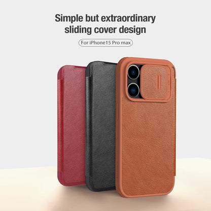 Luxury Flip QIN Pro Leather Case For iPhone 15 Pro Max Case Shockproof Camera Slider Protection Cover With Card Holder