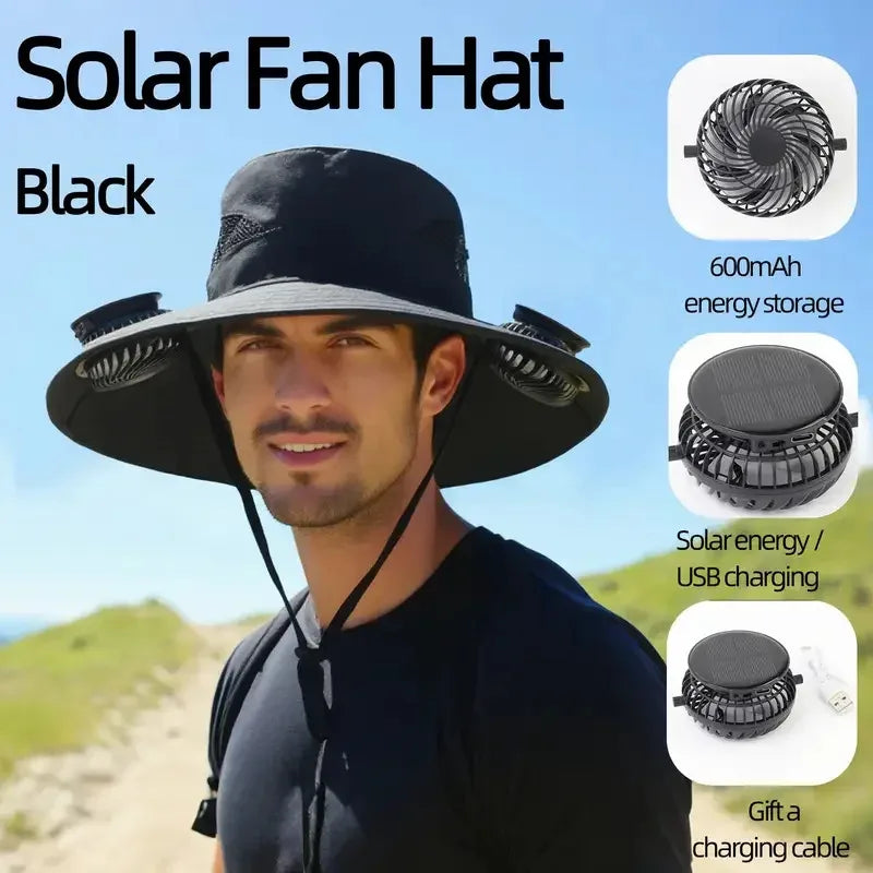Wide Brim Solar Fan Hat With Dual Fans